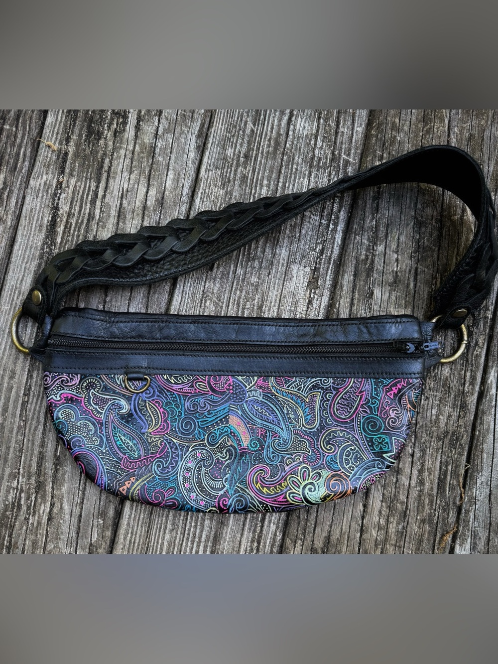 Hippie Momma Bags Sling. Black leather with paisley